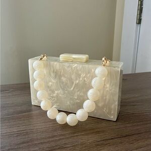 Marbled Acrylic Cream Clutch with Beaded Handle